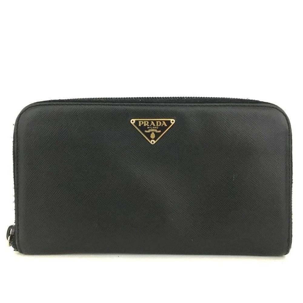 Prada Black Saffiano Zip-Around Wallet with Gold Logo